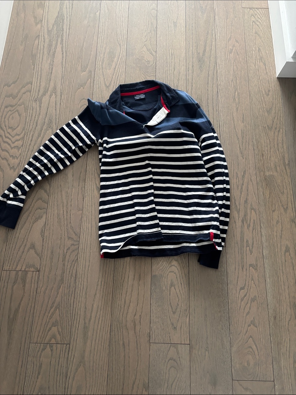 Saint James Navy & White Striped Polo Sweater with Red Trim